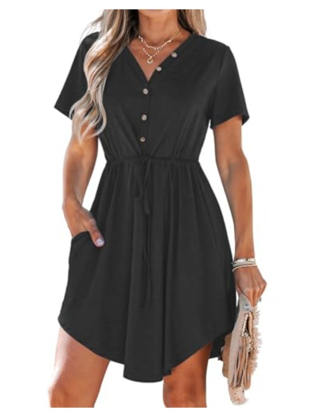 Women V Neck Short Sleeve Mini Dress with Pockets Casual Summer Sundress